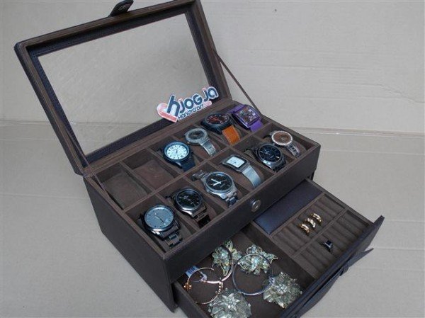 Full Dark Brown Watch Box Organizer Isi 12 Mix Accesories Drawer